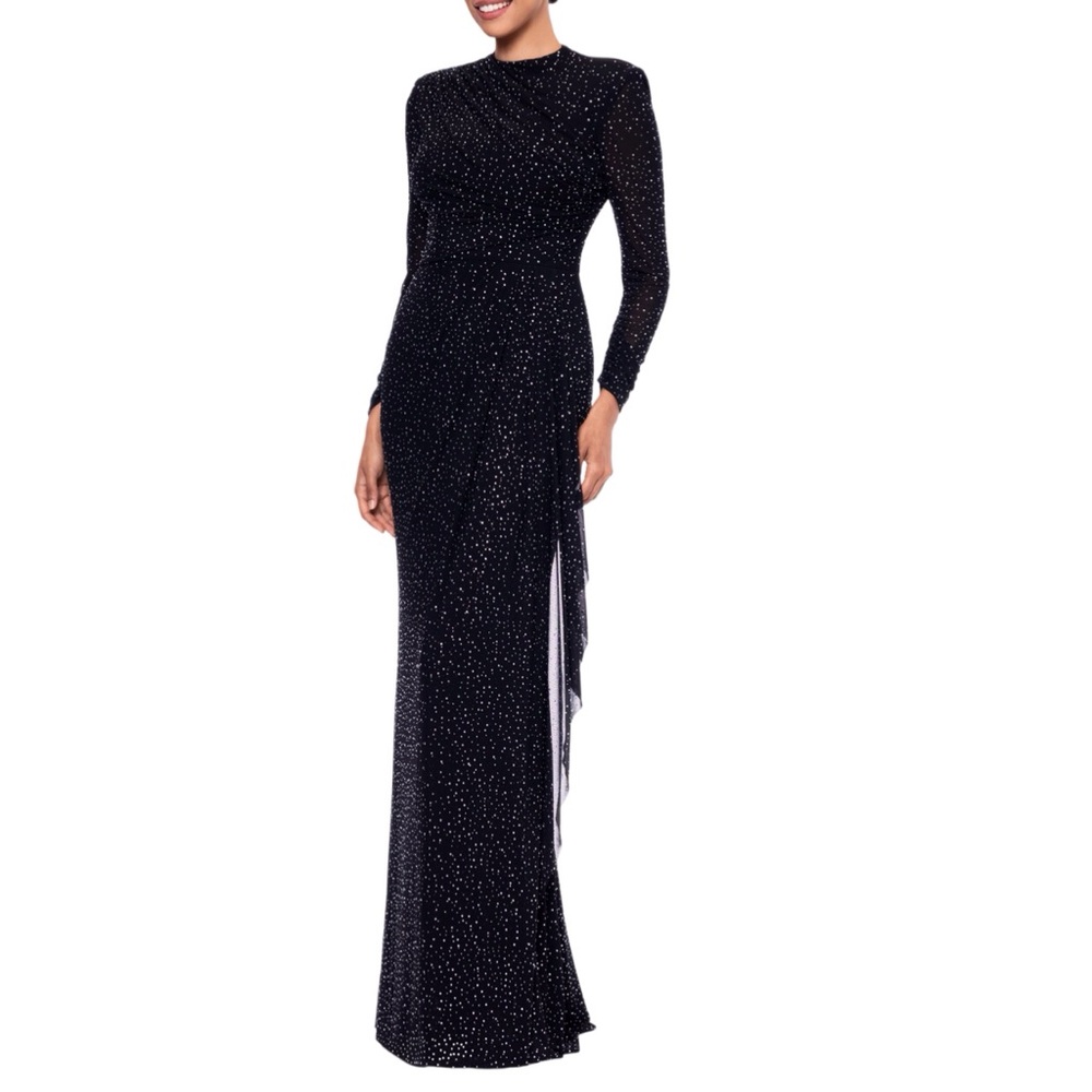 Betsy And Adam Rhinestone Long Sleeve Stretch Gown Black Mesh Size 12